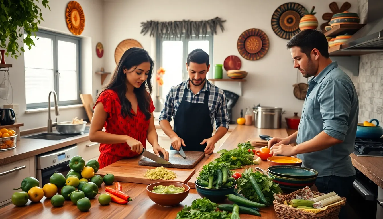 diverse team preparing food in a colorful kitchen setting.
