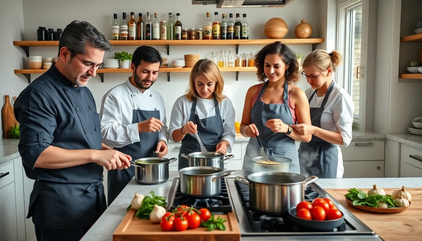 Diverse chefs cooking Italian dishes in a modern kitchen.