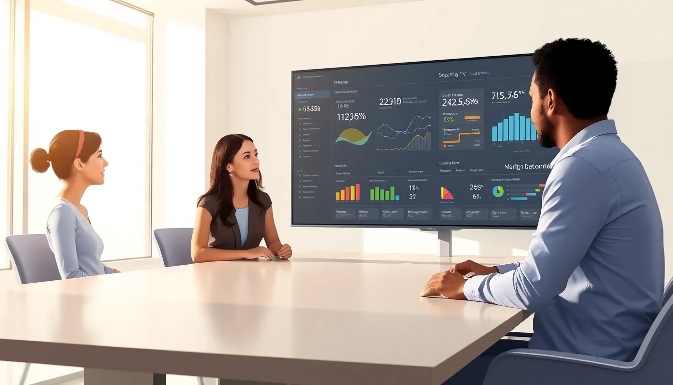 professionals discussing streaming data usage in a modern office