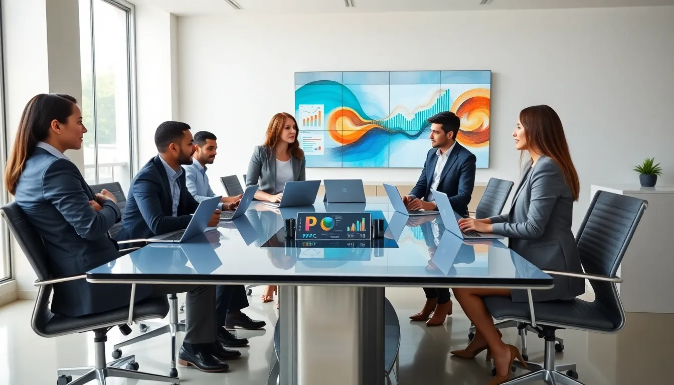 diverse team discussing PPC strategies in a modern office.