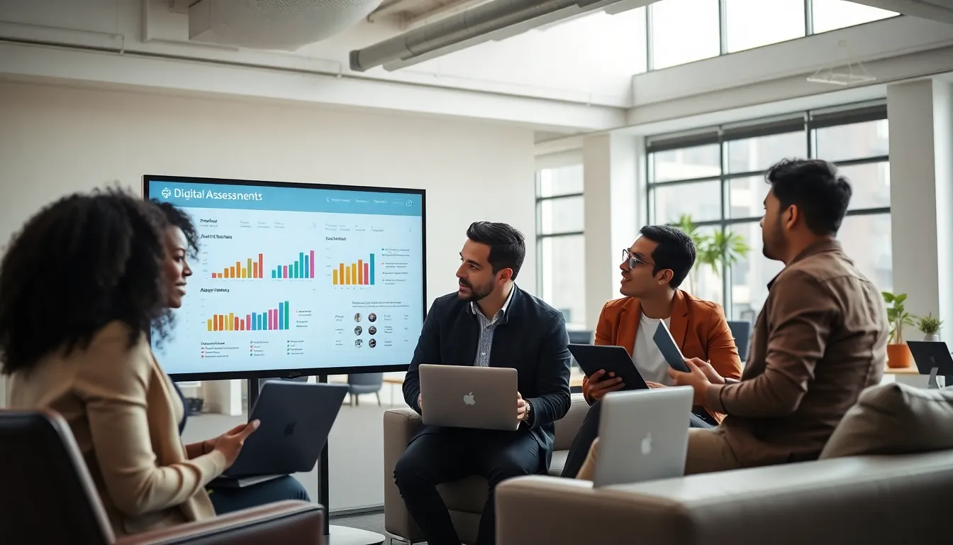 professionals collaborating over digital assessment tools in a modern office.