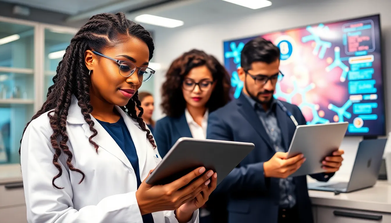 Researchers discussing innovative therapeutic compound Nebamazee in a modern lab.